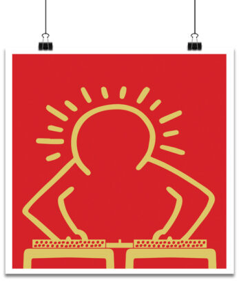Poster inspired by Keith Haring’s artwork for A Very Special Christmas, featuring a minimalist yellow line drawing of a DJ mixing on turntables against a bright red background.