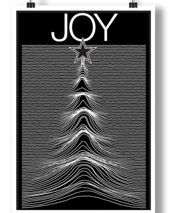 Man wearing a black JOY men’s t-shirt featuring a star and waveform graphic design, perfect for music and holiday style.