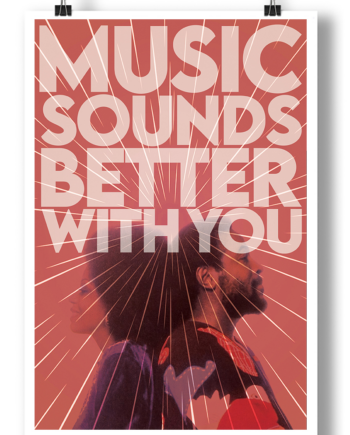 Art print of ‘Music Sounds Better With You’ slogan, with artistic lettering and Diana Ross and Marvin Gaye – ideal for music lovers or home studio decor.