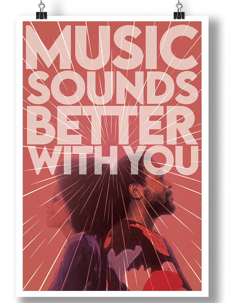 Art print of ‘Music Sounds Better With You’ slogan, with artistic lettering and Diana Ross and Marvin Gaye – ideal for music lovers or home studio decor.